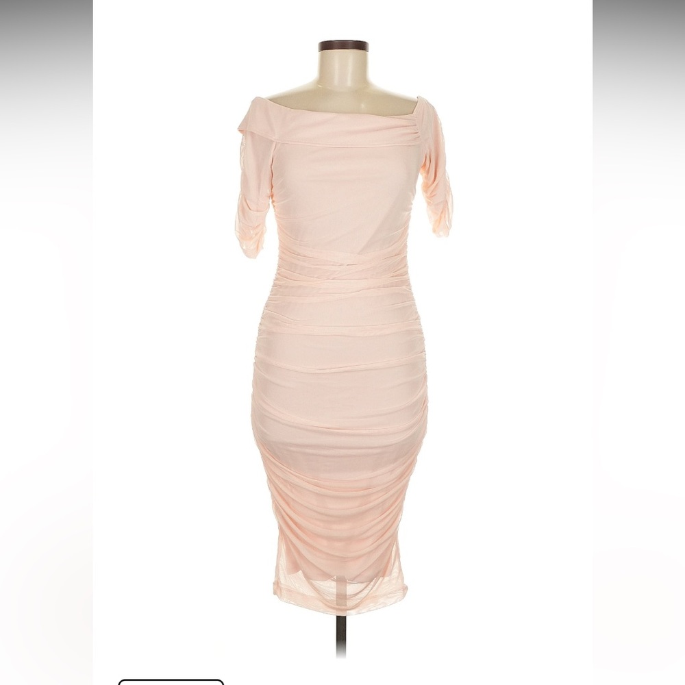 VENUS Asymmetrical Off-Shoulder Dress in Soft Pink